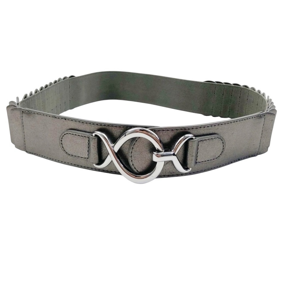 Chico’s Pewter Accordion Elastic Stretch Belt Silver Buckle Size Small
